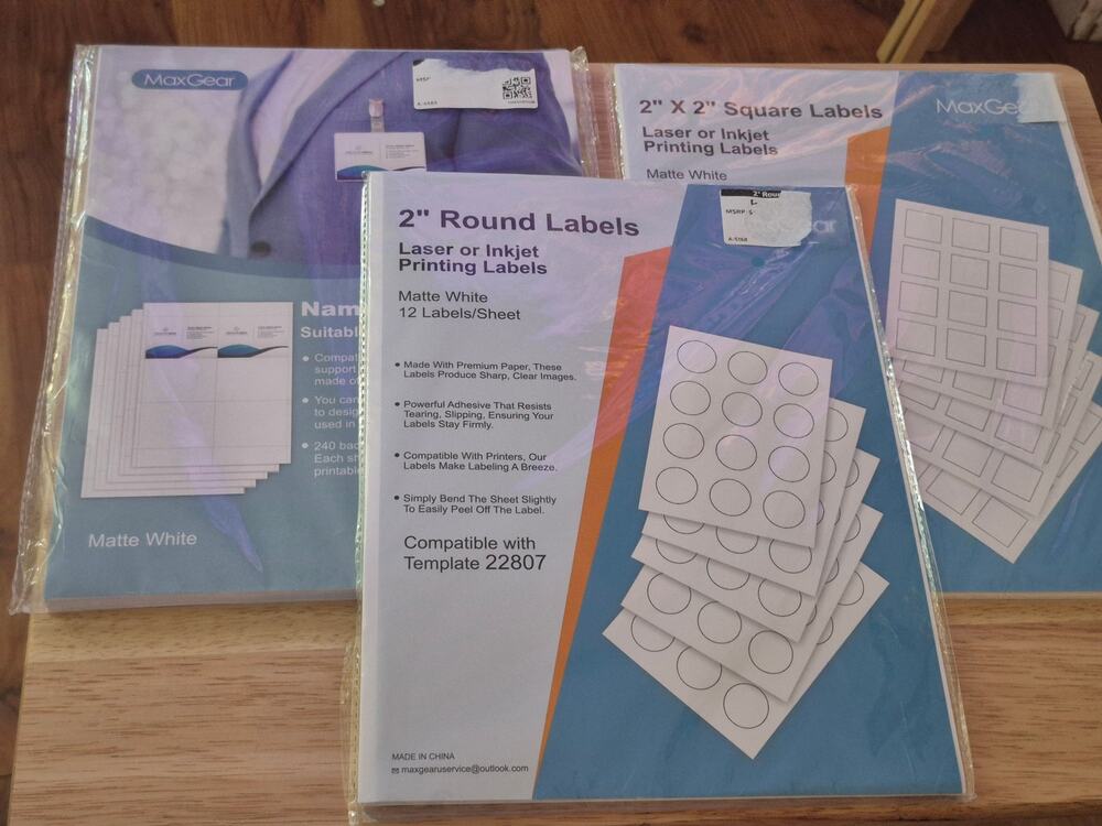 3 MaxGear Label Bundle Inkjet/Laser Printer White Circle, Square, Name Badge s13